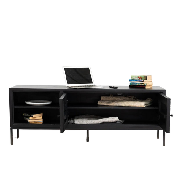 Rajasthani Mango Wood 2 Door Shelves, and 2 Open Shelves Black TV Unit with Carving