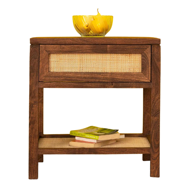 Acacia Wood Side Table - 1 Drawer Cane Table