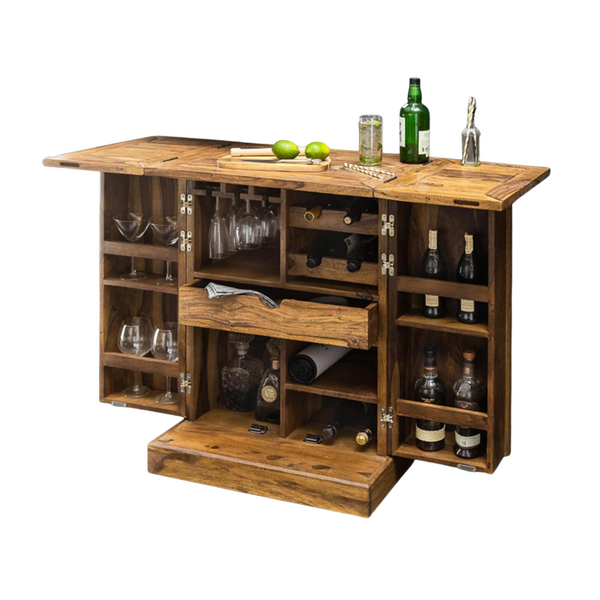 Classic Sheesham Wood Natural Finish Stylish Bar Cabinet