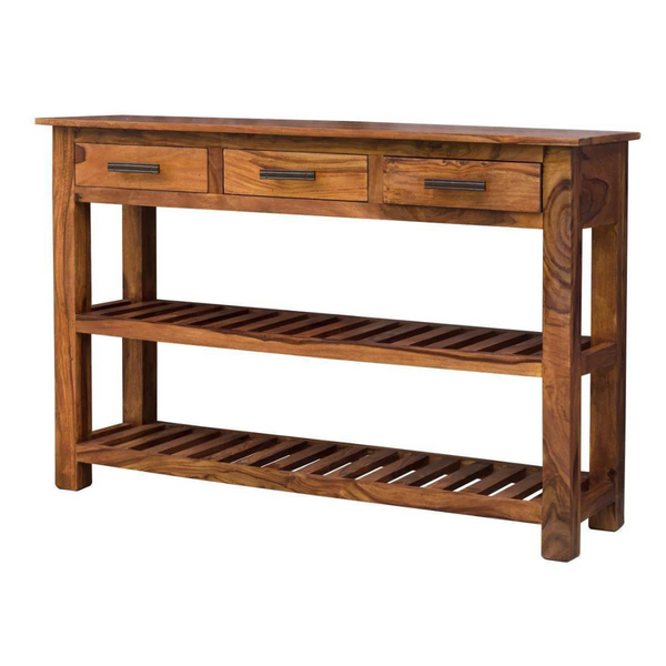 Sheesham Wood 2 Shelves & 3 Drawer Console Table
