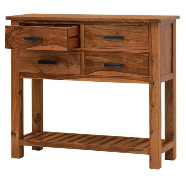 Sheesham Wood 4 Drawers Open Shelf Large Console Table