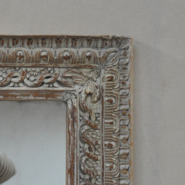 Hand Carved Modern Mango Solid Wood Whitewashed Finish Mirror Frame