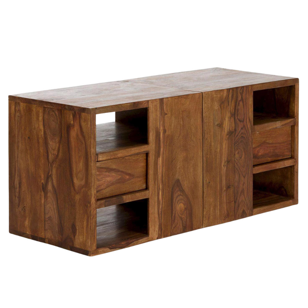 Classic Sheesham Wood 2 Drawers and 6 Open Shelves Adjustable TV Unit with Sliding Shelves
