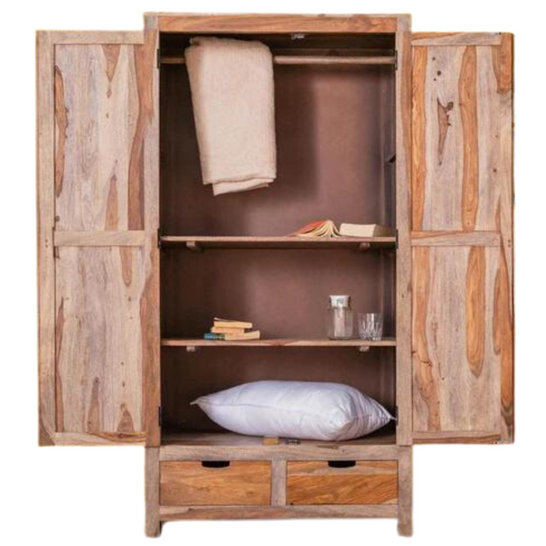 Classic Sheesham Wood 2 Drawers and 2-Door Shelves Wardrobe