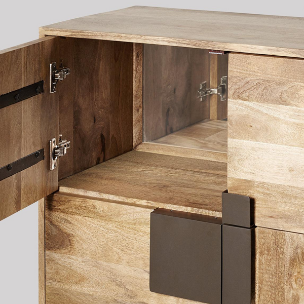 Modern Mango Wood Natural Finish Bar Cabinet with Iron Stand