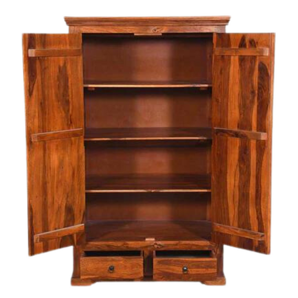 Classic Sheesham Wood 2-Door Shelf and 2 Drawers Wardrobe