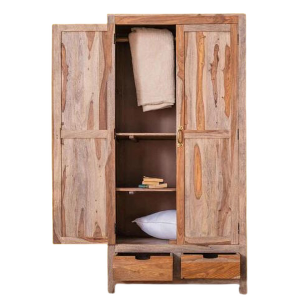 Classic Sheesham Wood 2 Drawers and 2-Door Shelves Wardrobe