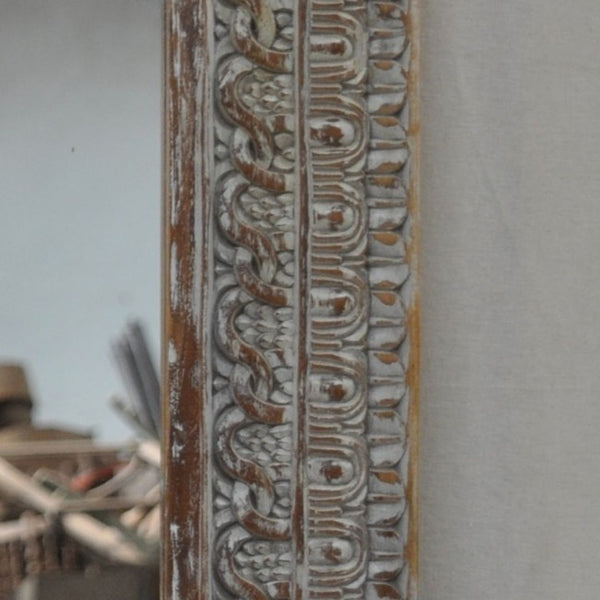 Hand Carved Modern Mango Solid Wood Whitewashed Finish Mirror Frame
