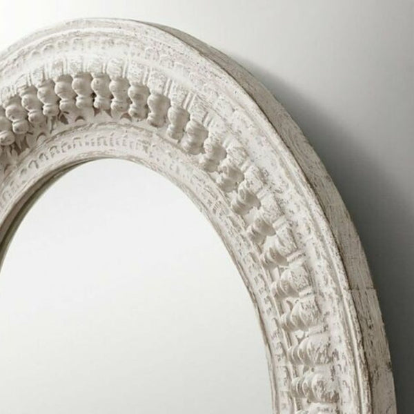 Hand Carved Round Mirror Frame - White Finish