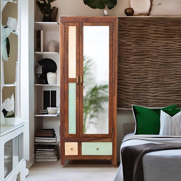 Classic Sheesham Wood 2 Drawers and 2 Doors with Shelves Wardrobe