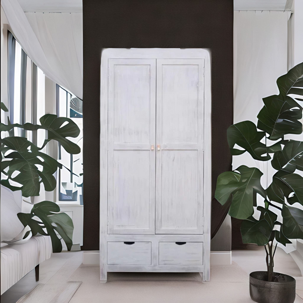 Colonial Acacia Wood 2-Door Shelf and 2 Drawers Wardrobe