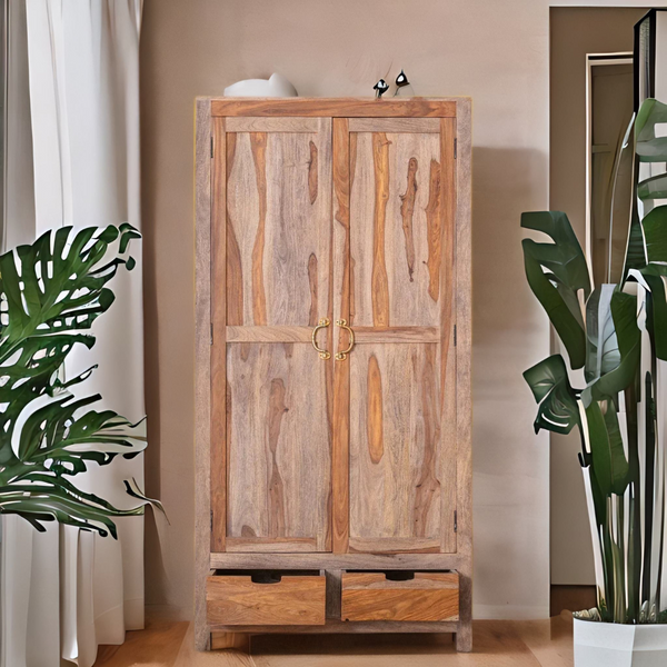 Classic Sheesham Wood 2 Drawers and 2-Door Shelves Wardrobe