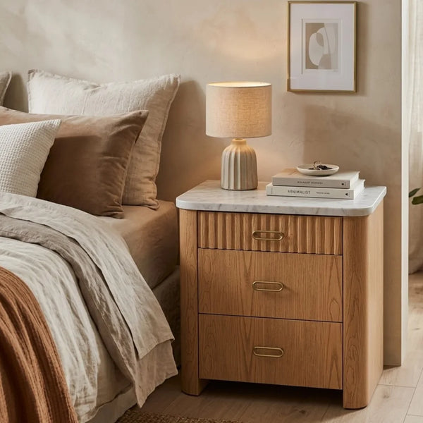 Villarrica Oak Wood & Marble Bedside Table