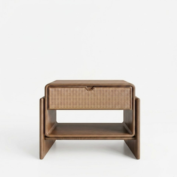 Wooden side table with wicker drawer on a white background