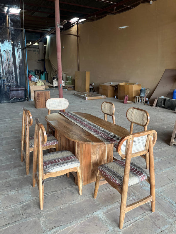 Rattan Modern Solid Acacia Wood Dining Table Set - 4 Seater, 6 Seater - All Sizes