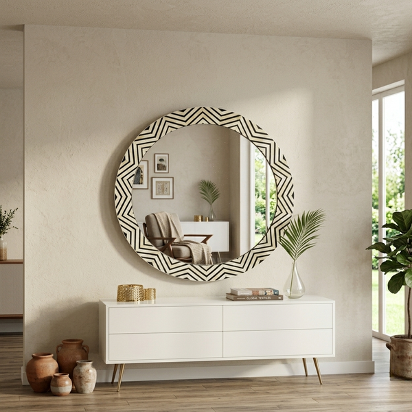 Bone Inlay Zig-zag Black Round Large Wall Mirror