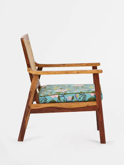 Rattan Sheesham Wood Cane Armchair With Floral
