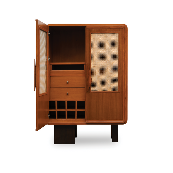 Arco Mid-Century Rattan Wood Bar Cabinet