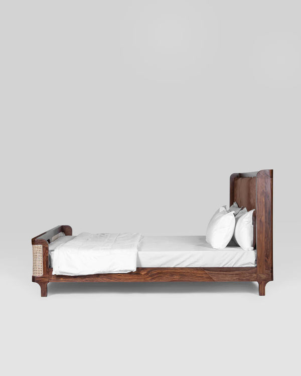 Classic Rattan Solid Wood Bed With Cane and Upholstery - All Sizes