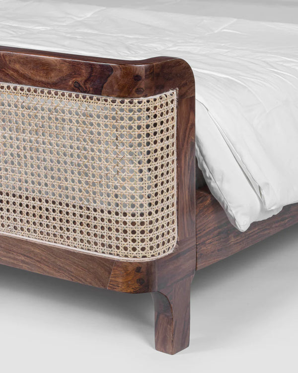 Classic Rattan Solid Wood Bed With Cane and Upholstery - All Sizes