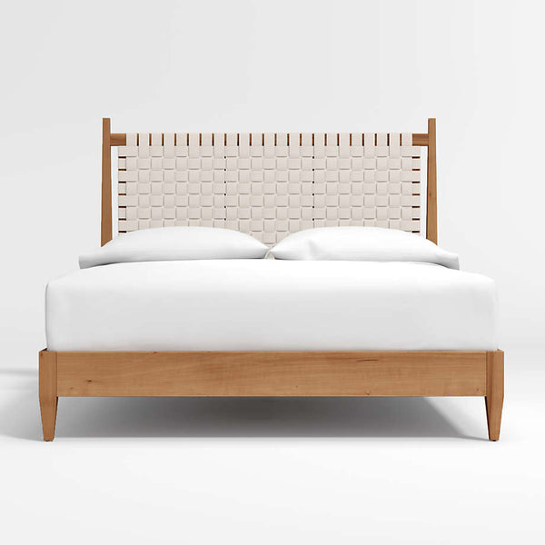 Niwar Solid Wood Bed With Handwoven Leather Headboard In White– All Sizes
