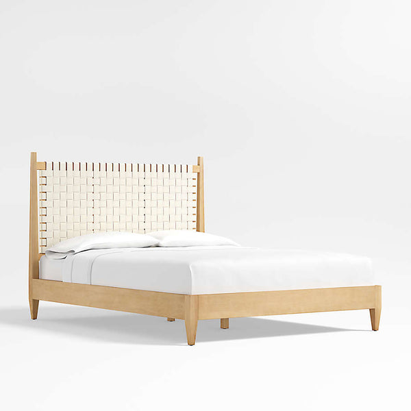 Niwar Solid Wood Bed With Handwoven Leather Headboard In White– All Sizes