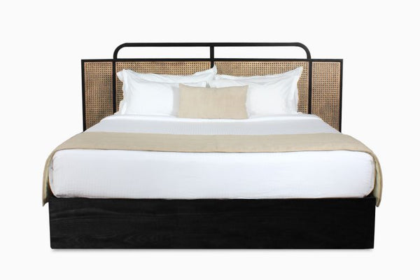 Berlin Solid Wood Rattan Cane Bed In Black Finish - All Sizes