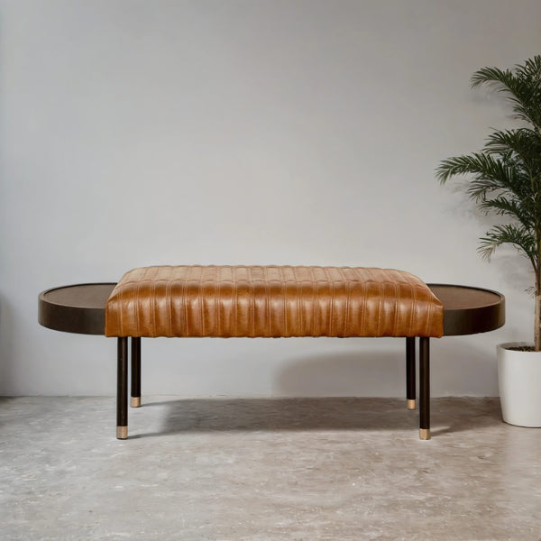 Viola Leather Tufted Bench With Attached Tables