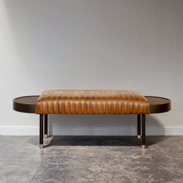 Viola Leather Tufted Bench With Attached Tables