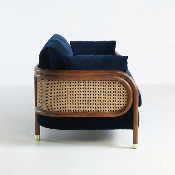 Bleu Nuit Acacia Wood 3 Seater Rattan Sofa