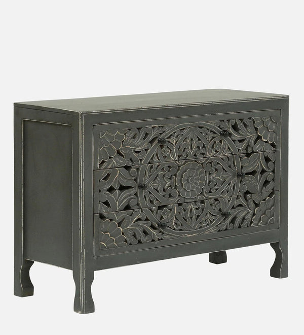 Rajasthani Hand Carved Modern Solid Wood Chest Of Drawers In Grey Finish
