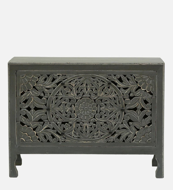 Rajasthani Hand Carved Modern Solid Wood Chest Of Drawers In Grey Finish