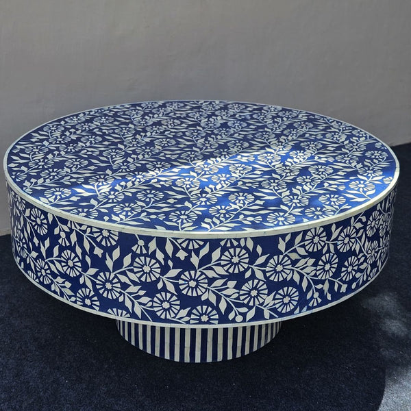Indigo Floral Bone Inlay Round Coffee Table