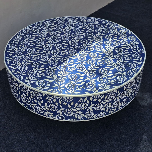 Indigo Floral Bone Inlay Round Coffee Table