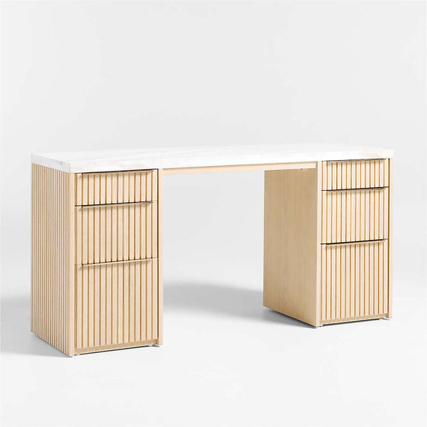 Antalya Modern Natural Oak Wood Desk With White Marble Top
