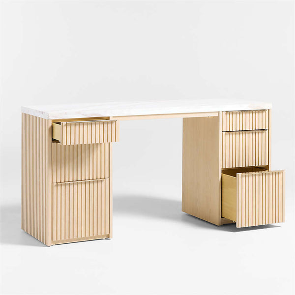 Antalya Modern Natural Oak Wood Desk With White Marble Top