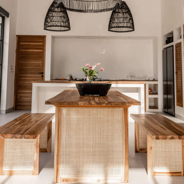 Traditional Rattan Teakwood 6 Seater Dining Table Set With Bench