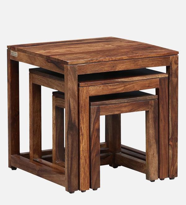 Classic Sheesham Wood Set of 3 Side Table In Rustic Teak
