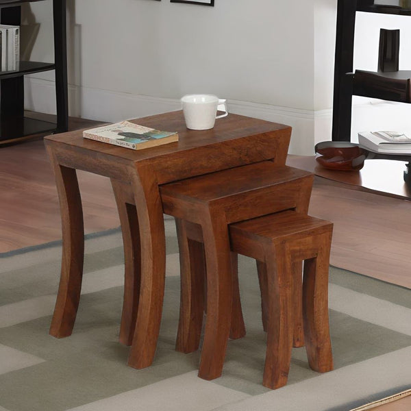 Classic Solid Wood Set of 3 Side Table In Natural Finish