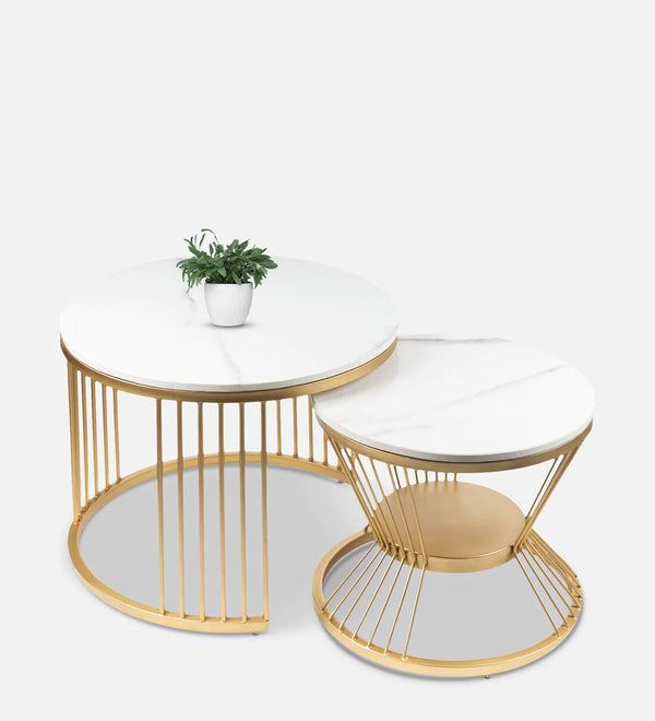 Industrial Marble Top Set of 2 Side Table In White