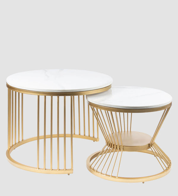 Industrial Marble Top Set of 2 Side Table In White