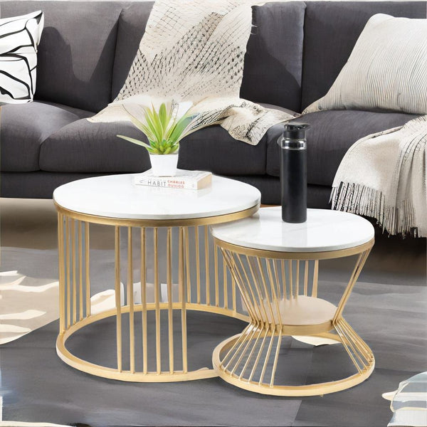 Industrial Marble Top Set of 2 Side Table In White