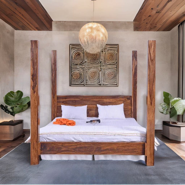 Classic Sheesham Wood Poster Bed In Honey Finish