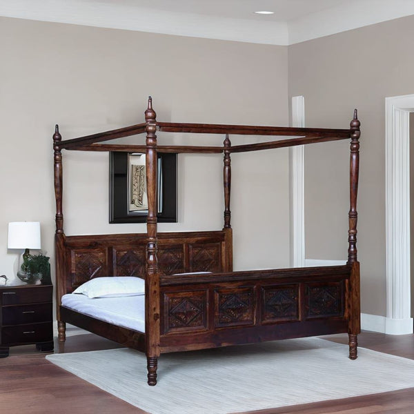 Royal Sheesham Wood Poster Bed In Provincial Teak Finish