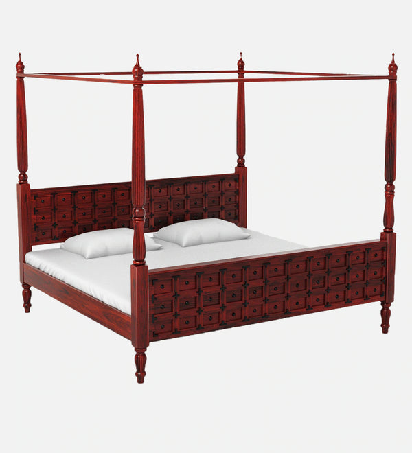Rao Traditional Sheesham Wood Poster Bed In Honey Oak Finish