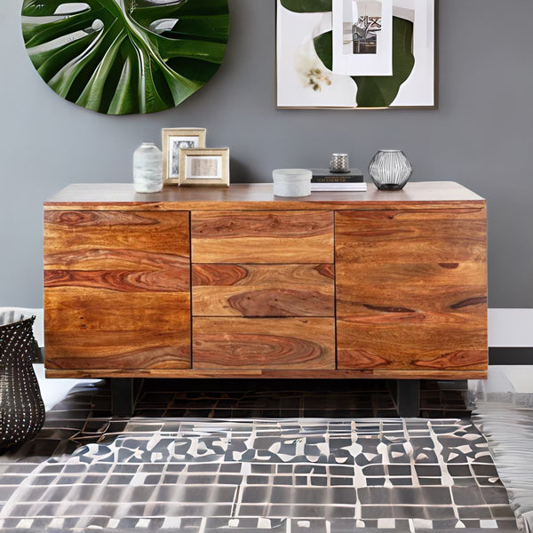 Classic Sheesham Wood Walnut Finish Sideboard With Metal Legs