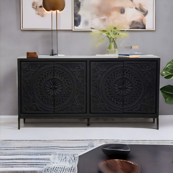 Rajasthani Handcarved Black Mango Wood Sideboard