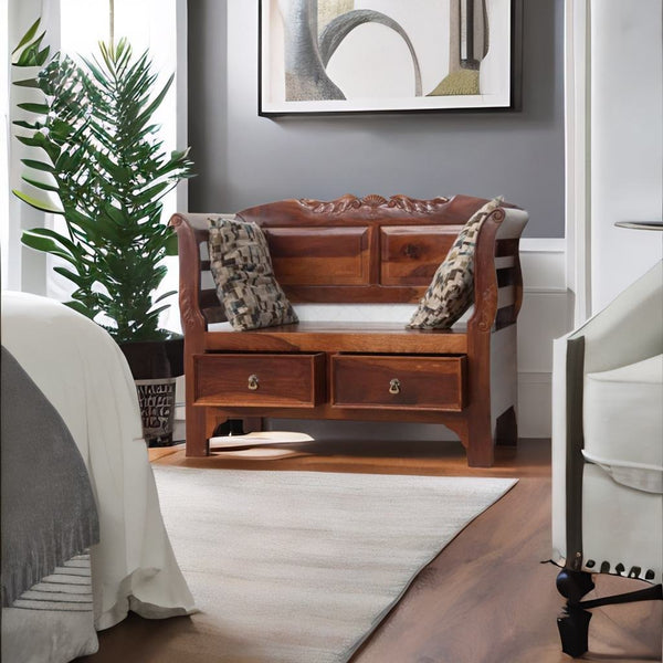 Modern Jade Classy Stylish Solid Sheesham Wood Seating Bench with 2 Drawers