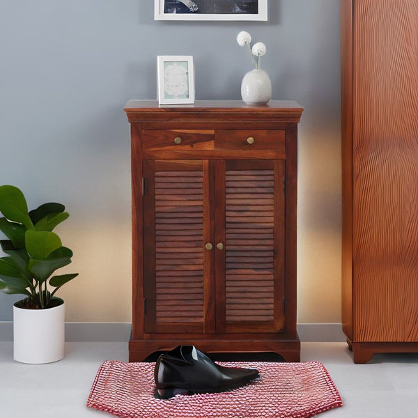 Classic Sheesham Wood Shoe Cabinet In Honey Oak Finish