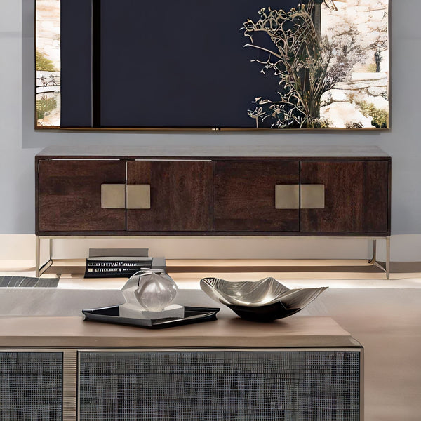 Contemporary Mango Wood and Brass T.V. Unit